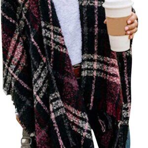 Women Boho Buffalo Plaid Poncho Pashmina Shawl Wrap Cape Sweater Knitting Cardig